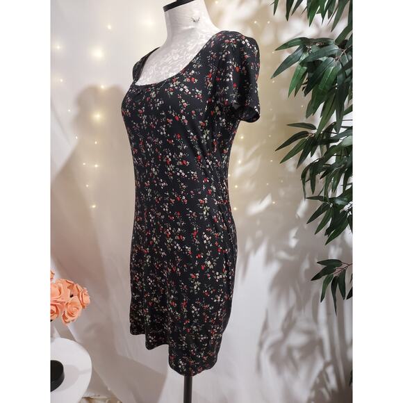 Vtg Justify Y2K Ditsy Dark Floral Ribbed Square Neck Bow Dress L Whimsigoth 90s - Picture 4 of 14